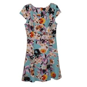 Worthington Floral‎ Fit and Flare Dress Aqua Blue Cap Sleeve Size 6